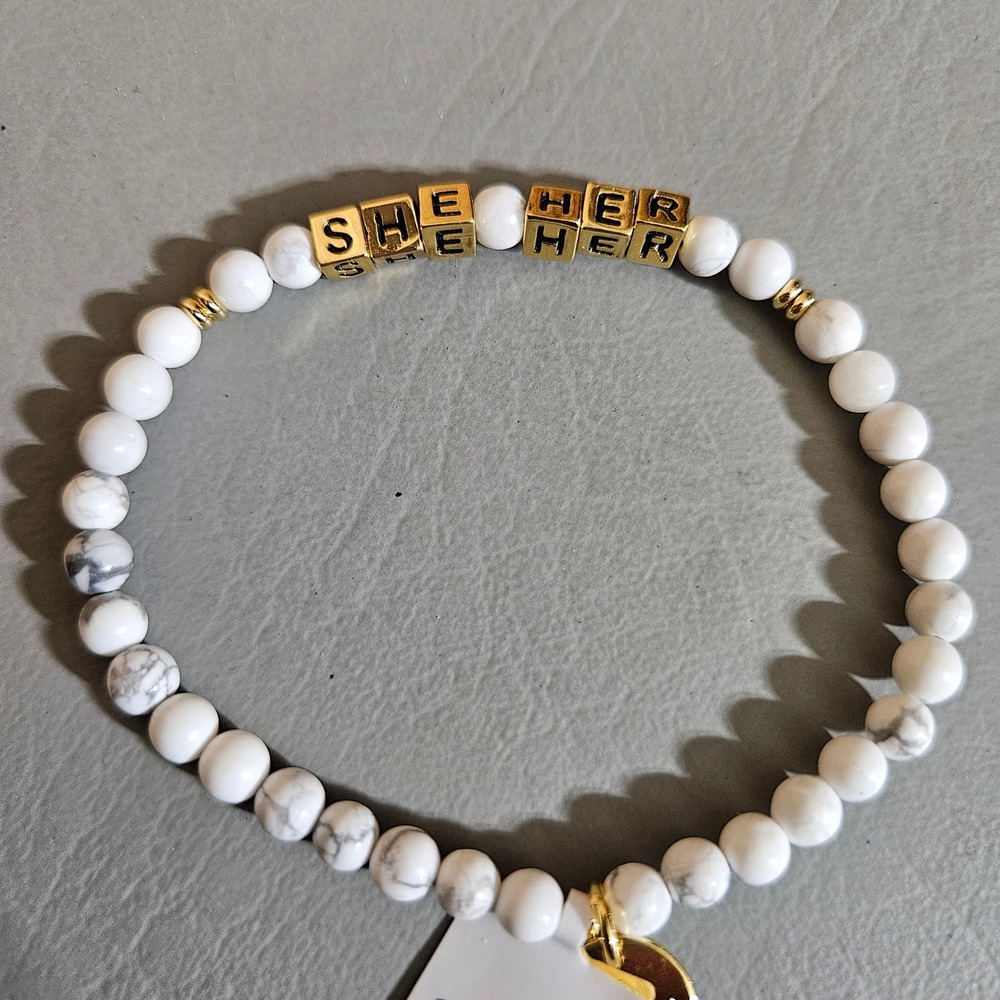 Little Words Project She Her Pronoun White Howlite Gold Stretch Bracelet SM